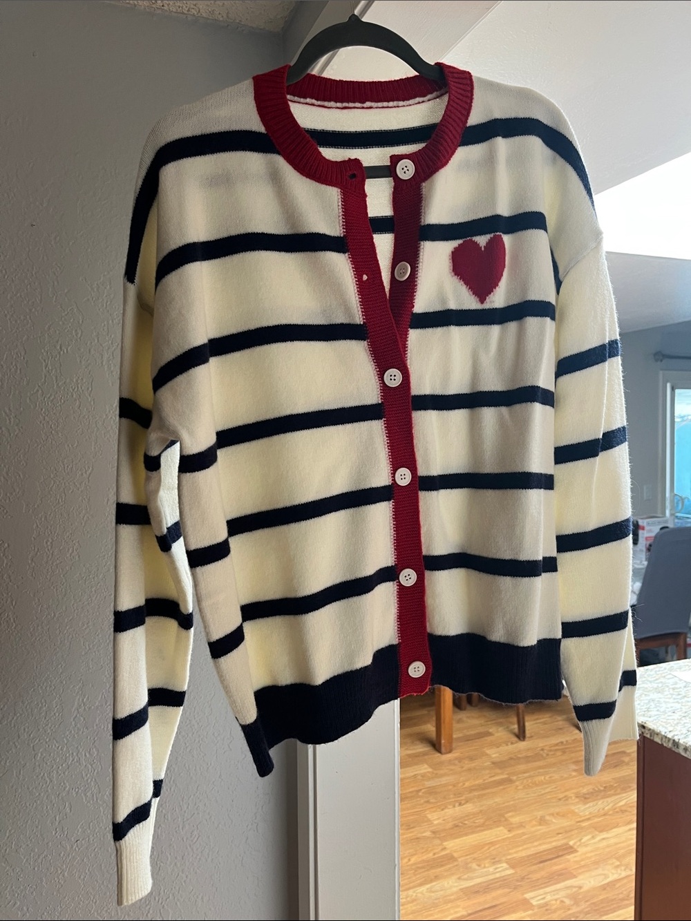 Heart Stripe Button-Up Cardigan Sweater - Cream, Navy & Red